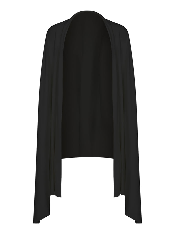 Model wearing black large scarf, convertible style worn as scarf, wrap and shawl, women's bamboo clothing accessories