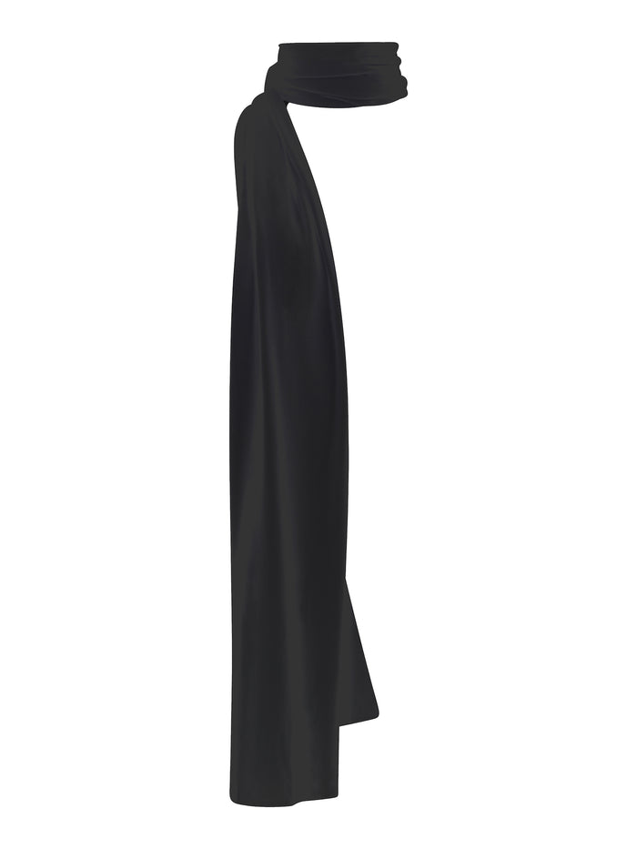 Model wearing black large scarf, convertible style worn as scarf, wrap and shawl, women's bamboo clothing accessories