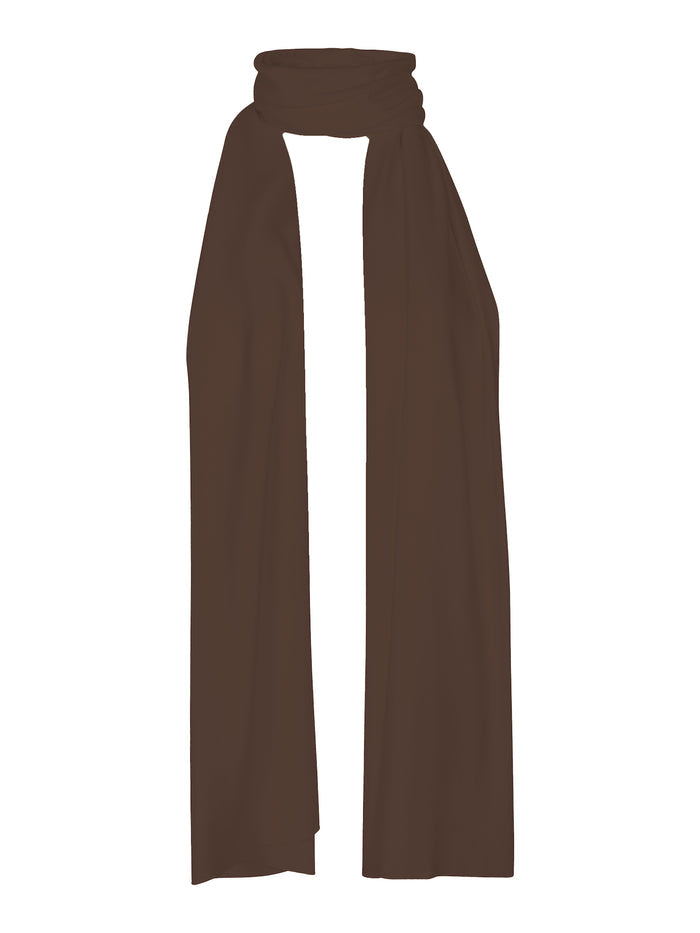 Model wearing cocoa large scarf, convertible style worn as scarf, wrap and shawl, women's bamboo clothing accessories