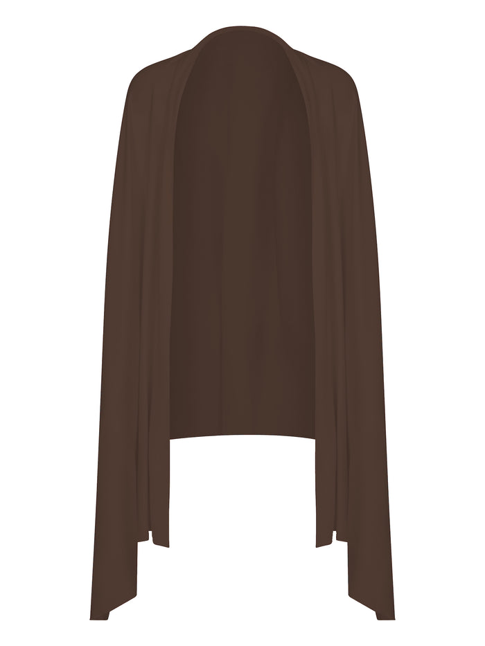 Model wearing cocoa large scarf, convertible style worn as scarf, wrap and shawl, women's bamboo clothing accessories