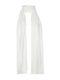 Model wearing cream large scarf, convertible style worn as scarf, wrap and shawl, women's bamboo clothing accessories