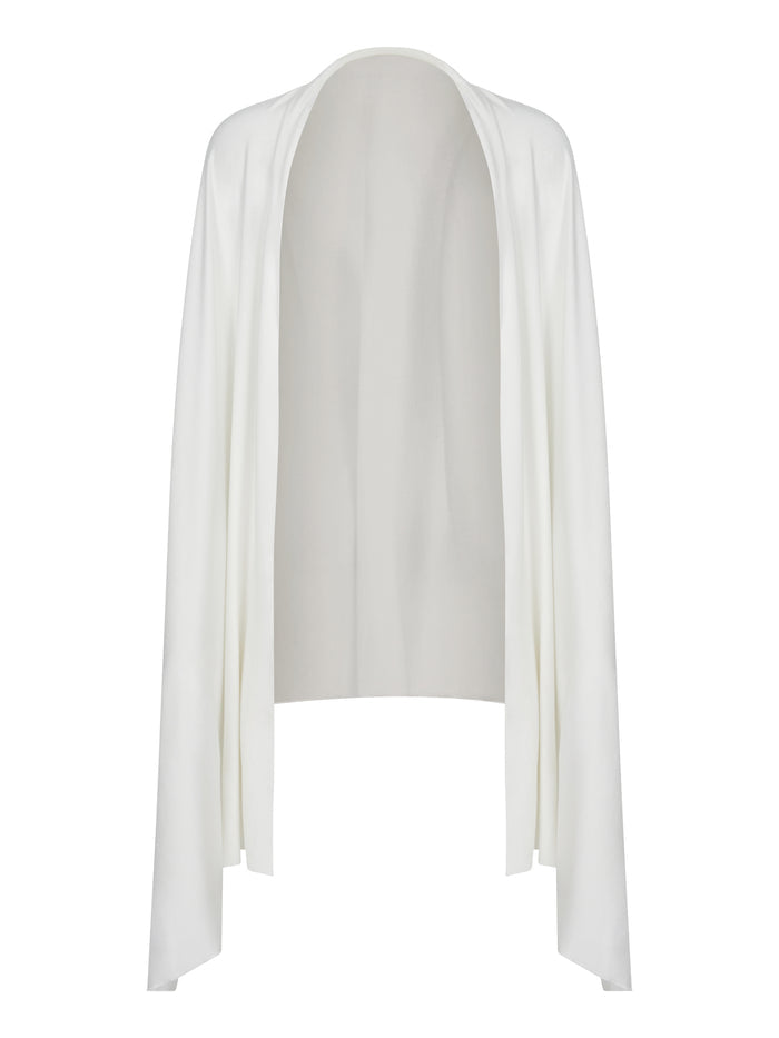 Model wearing cream large scarf, convertible style worn as scarf, wrap and shawl, women's bamboo clothing accessories