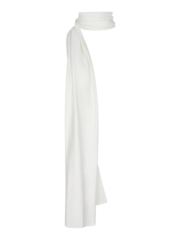 Model wearing cream large scarf, convertible style worn as scarf, wrap and shawl, women's bamboo clothing accessories