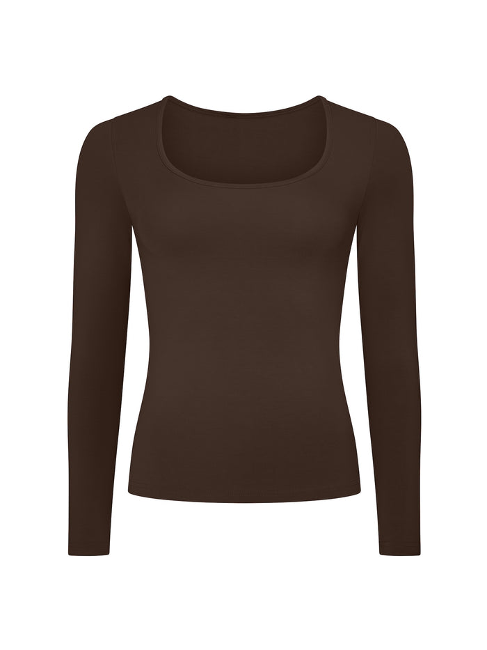 Bamboo Scoop Neck Long Sleeve Tee - Cocoa