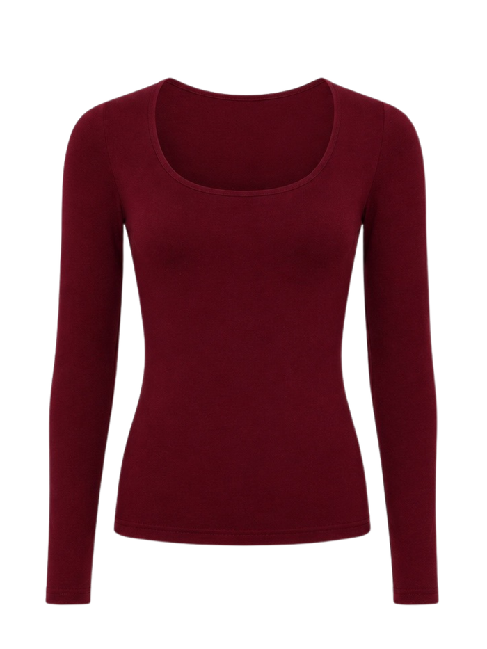 A women's long-sleeve scoop neck top in a deep burgundy red, shown on a plain white background.