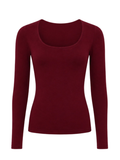 A women's long-sleeve scoop neck top in a deep burgundy red, shown on a plain white background.