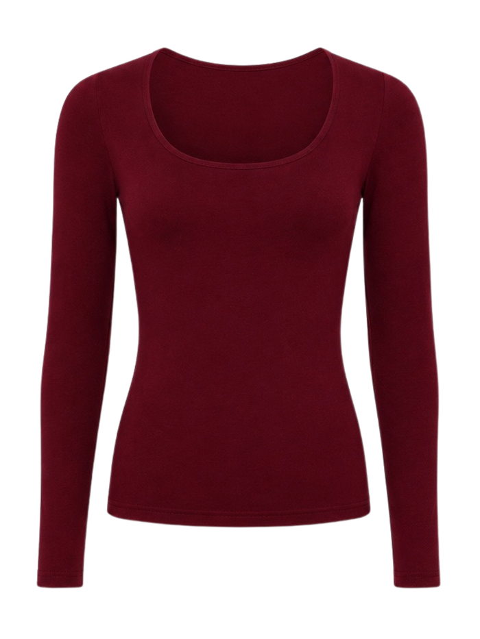 A women's long-sleeve scoop neck top in a deep burgundy red, shown against a plain white background.