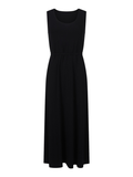 A sleeveless black maxi dress with a scoop neckline tied in at waist with a fabric belt, shown against a plain white background.