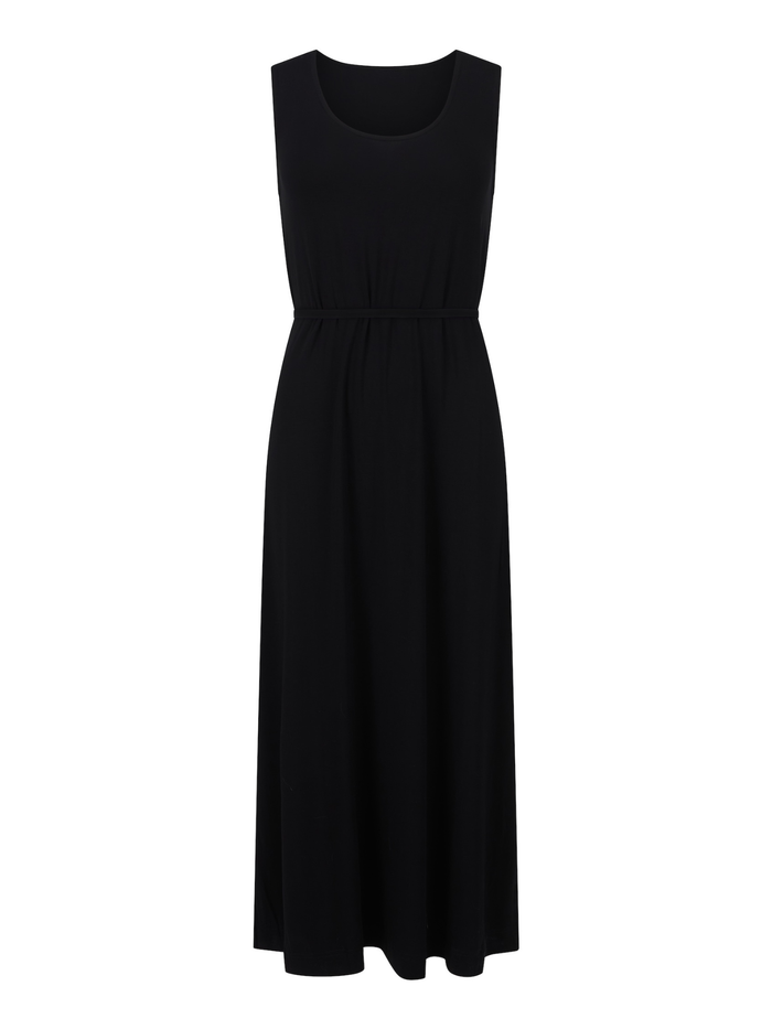 A sleeveless black maxi dress with a scoop neckline tied in at waist with a fabric belt, shown against a plain white background.