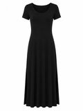 A black short-sleeve maxi dress with a scoop neckline, shown against a plain white background.