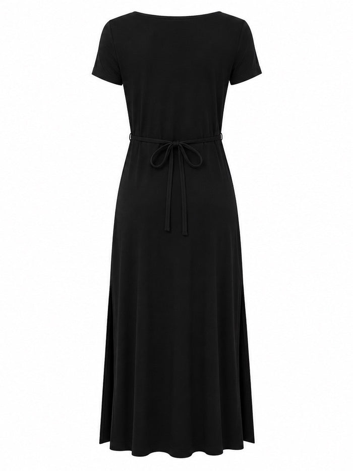A black short-sleeve midi dress with a tie waist, shown against a plain white background.