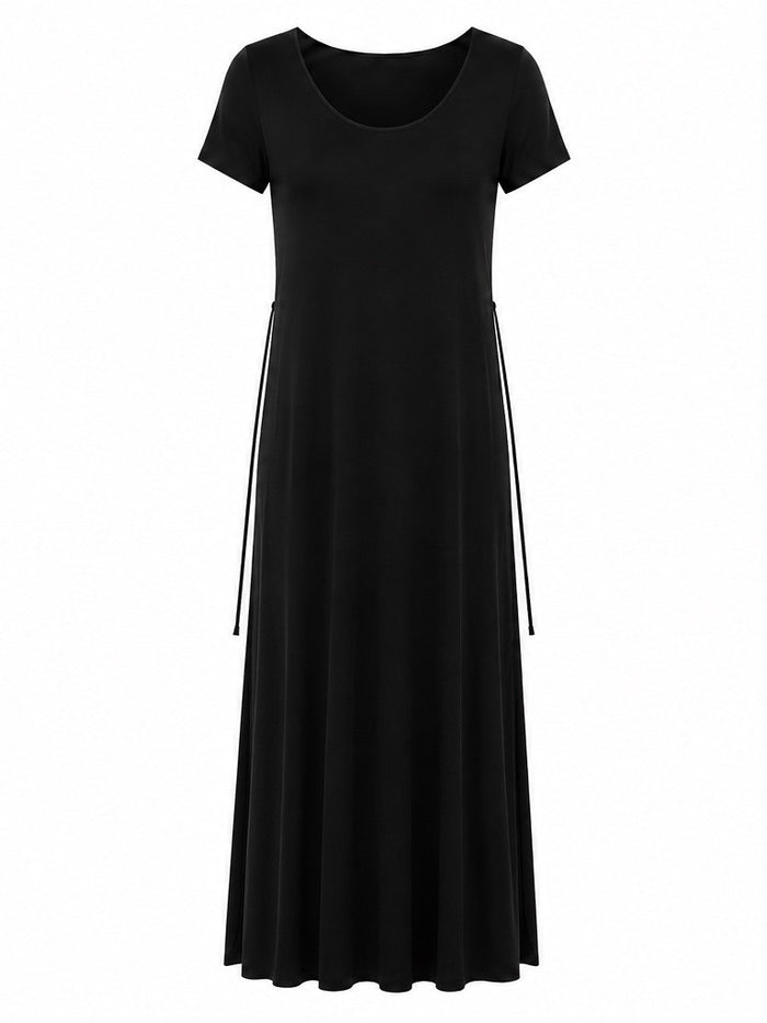 A black short-sleeve maxi dress with a scoop neckline and drawstring details at the sides, shown against a plain white background.
