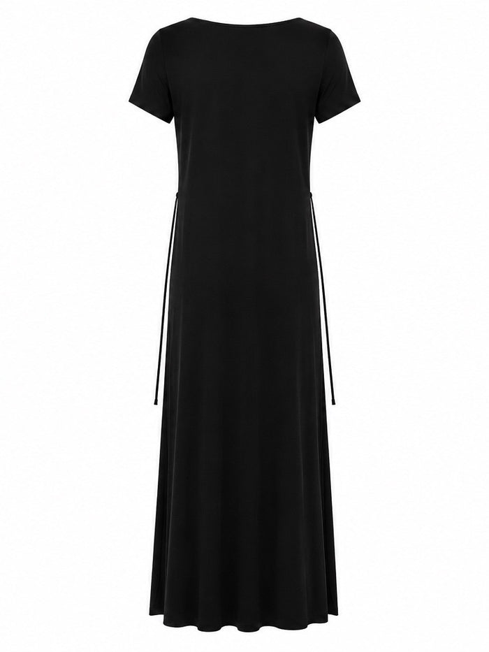 A black short-sleeve maxi dress with a boat neckline and side tie details, shown against a plain white background.