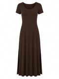 A dark brown short-sleeve scoop-neck maxi dress displayed on a clean white background.