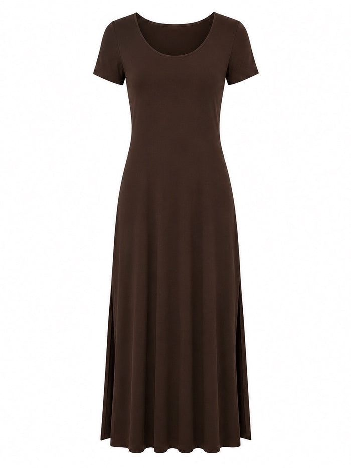 A dark brown short-sleeve scoop-neck maxi dress displayed on a clean white background.