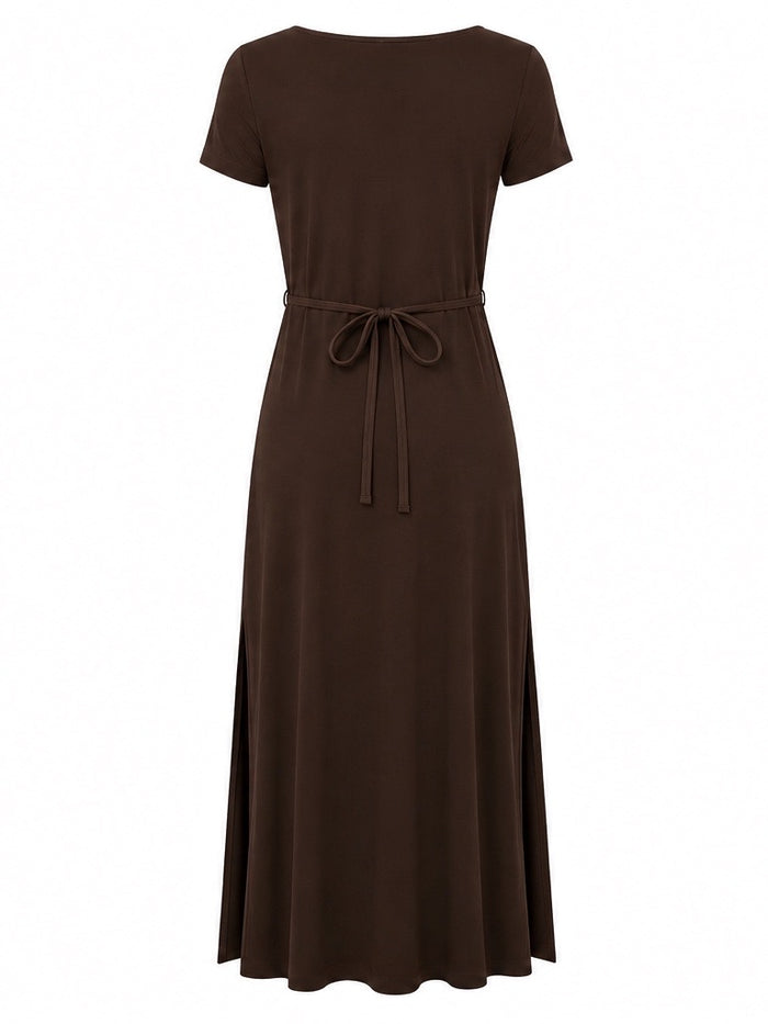 A dark brown short-sleeve maxi dress with a matching drawstring tie belt at the waist, shown against a plain white background.
