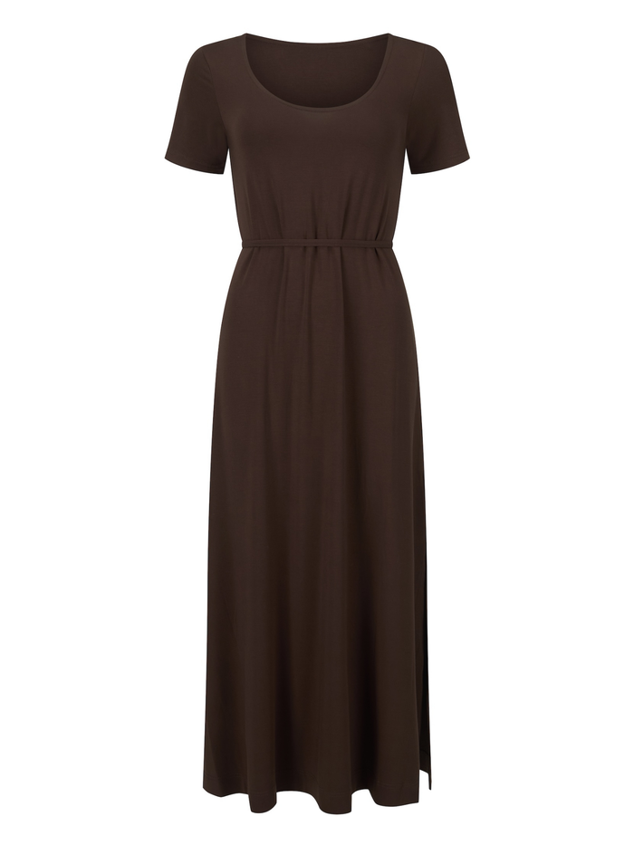 A dark brown short-sleeve maxi dress with a scoop neckline and a gathered waist, shown against a plain white background.