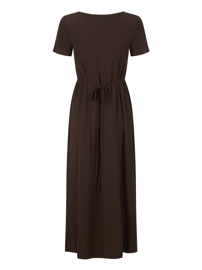 A dark brown short-sleeve midi dress with a tie waist, shown against a plain white background.