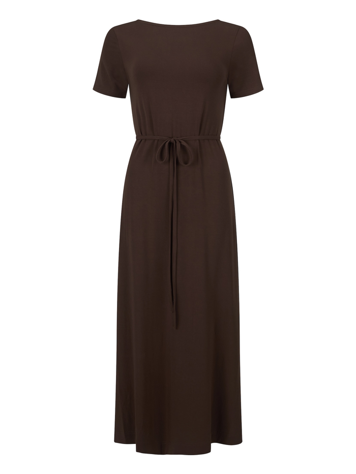 A dark brown short-sleeve maxi dress with a boat neckline and a matching fabric tie belt at the waist, shown against a plain white background.