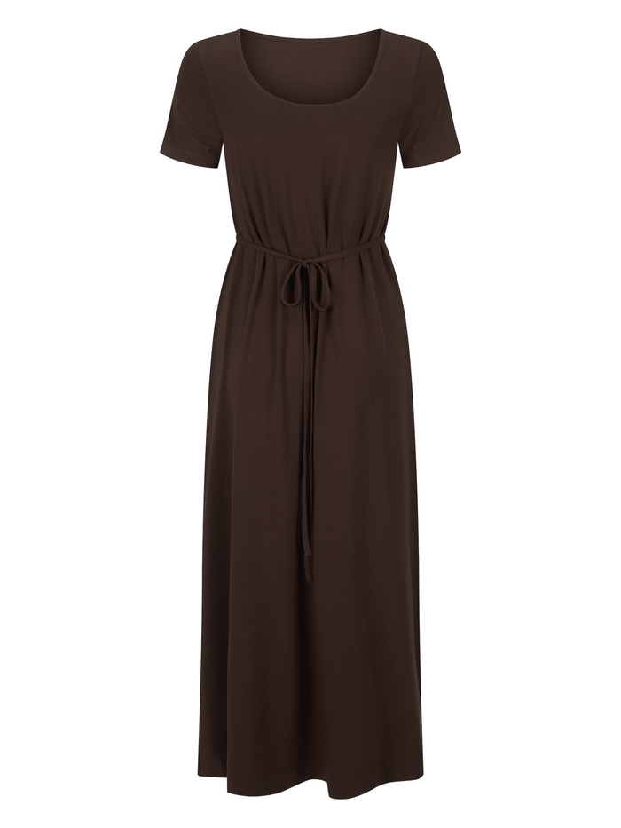 A dark brown short-sleeve maxi dress with a scoop neckline and a drawstring tie at the waist, shown against a plain white background.
