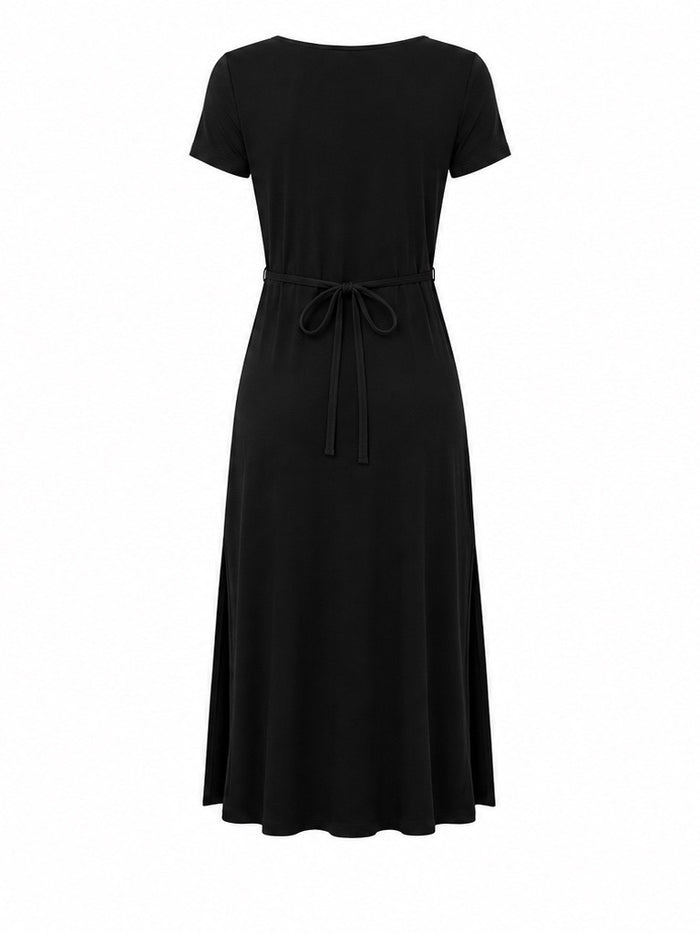 Bamboo Short Slv Scoop Neck Midi Dress - Black