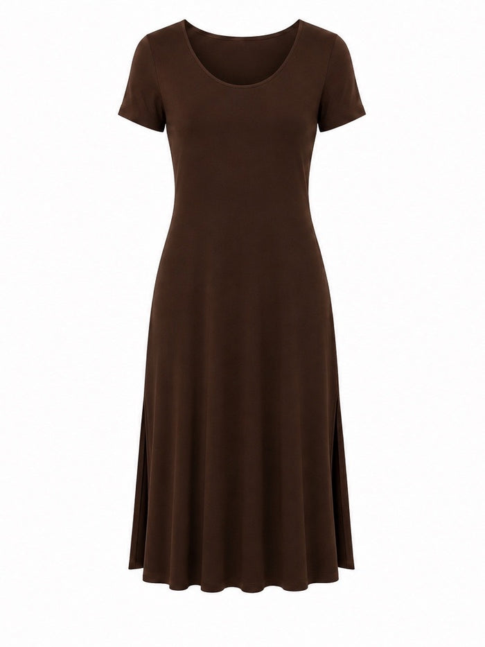Bamboo Short Slv Scoop Neck Midi Dress - Cocoa
