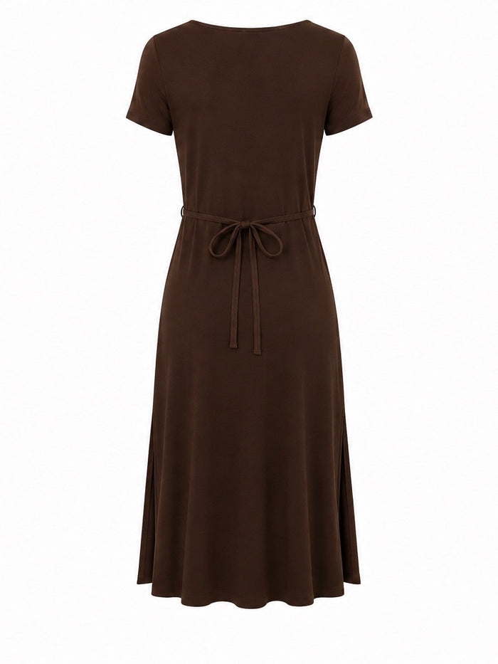 Bamboo Short Slv Scoop Neck Midi Dress - Cocoa