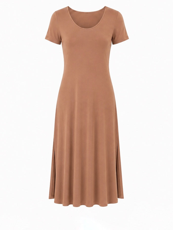 Bamboo Short Slv Scoop Neck Midi Dress - Toffee