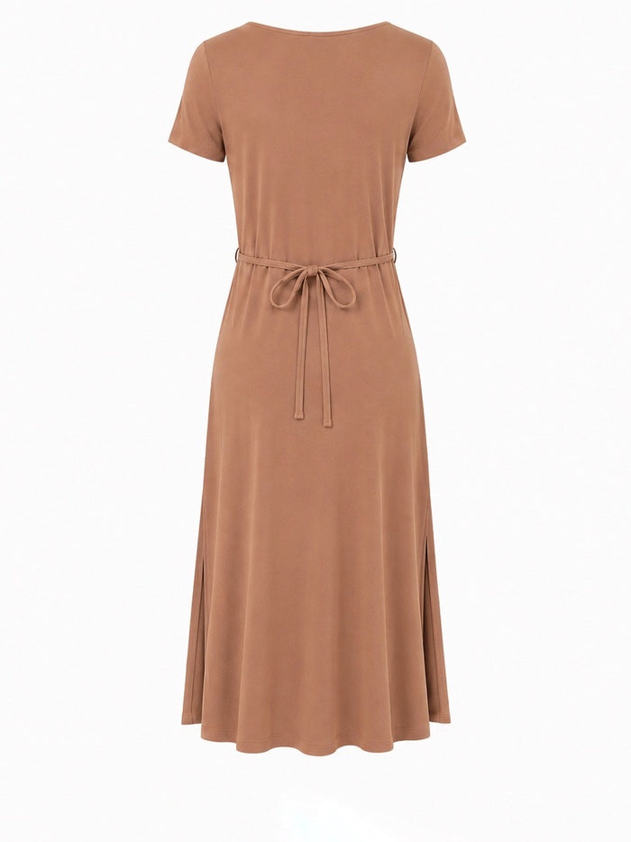 Bamboo Short Slv Scoop Neck Midi Dress - Toffee