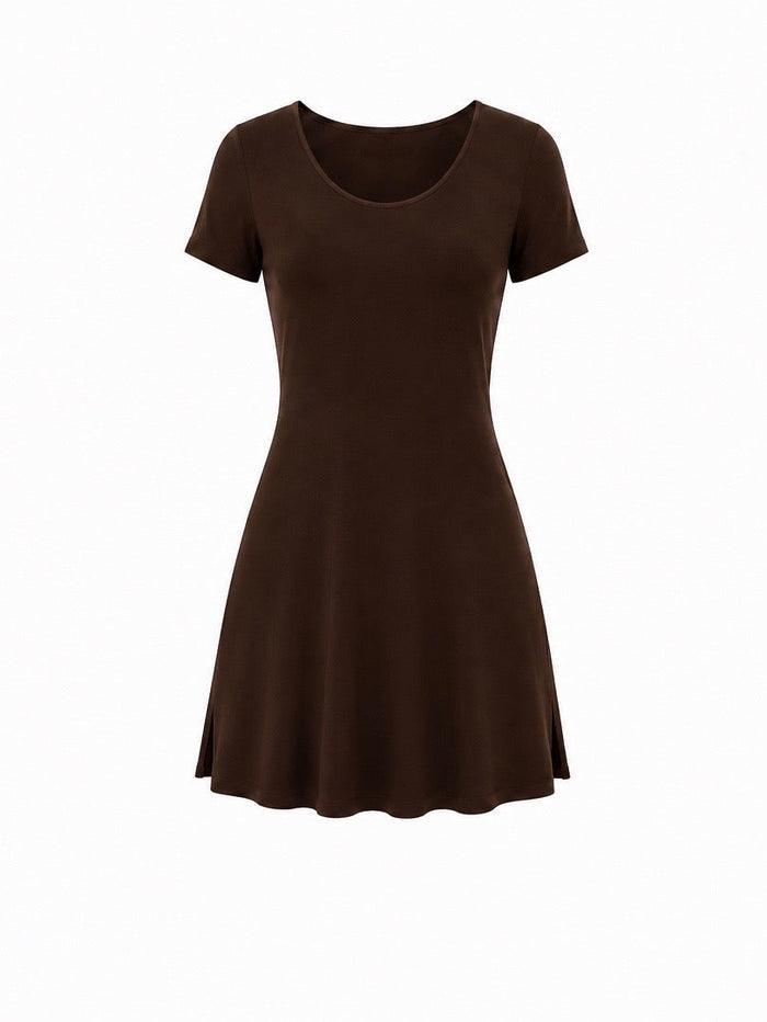 Bamboo Short Slv Scoop Neck Mini Dress - Cocoa