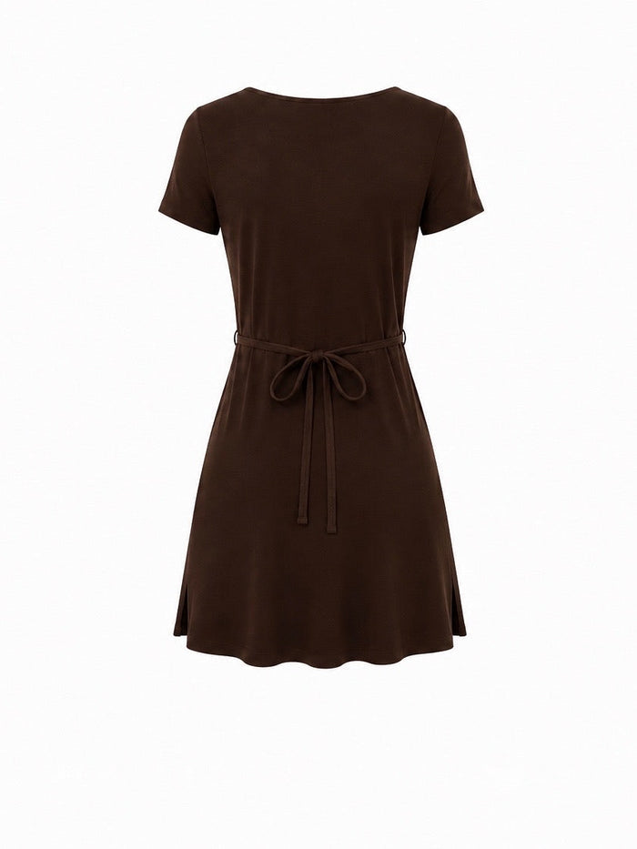 Bamboo Short Slv Scoop Neck Mini Dress - Cocoa