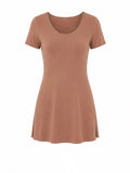 A short-sleeve scoop-neck tunic dress in a tan toffee color, displayed on a clean white background.