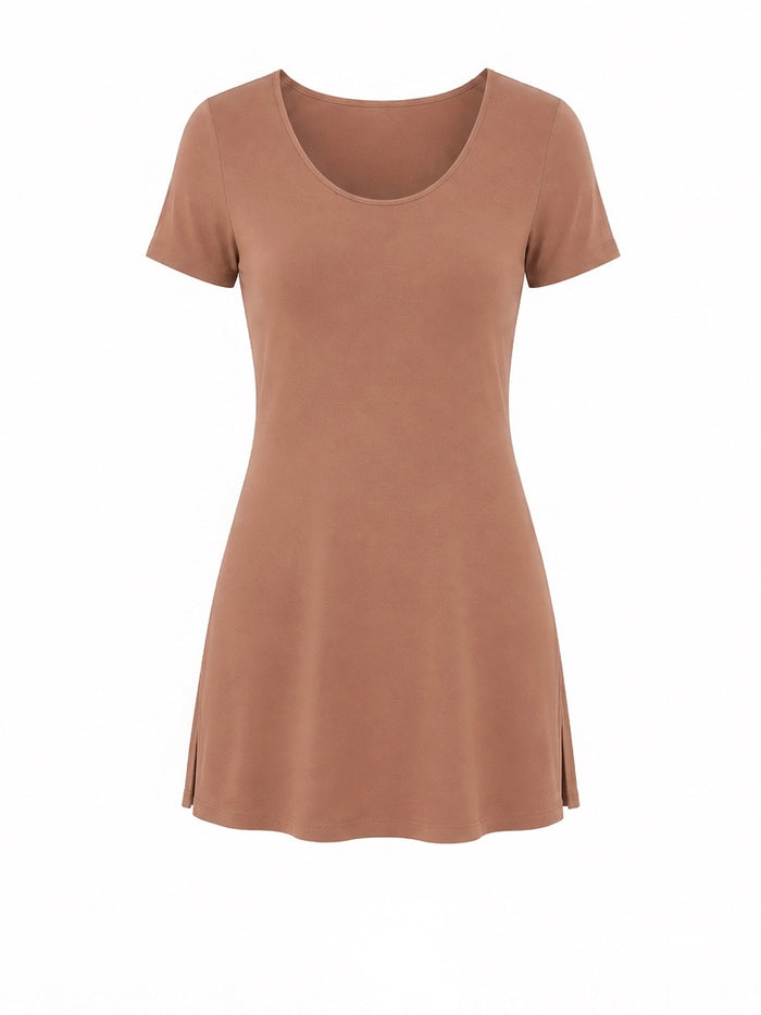 A short-sleeve scoop-neck tunic dress in a tan toffee color, displayed on a clean white background.