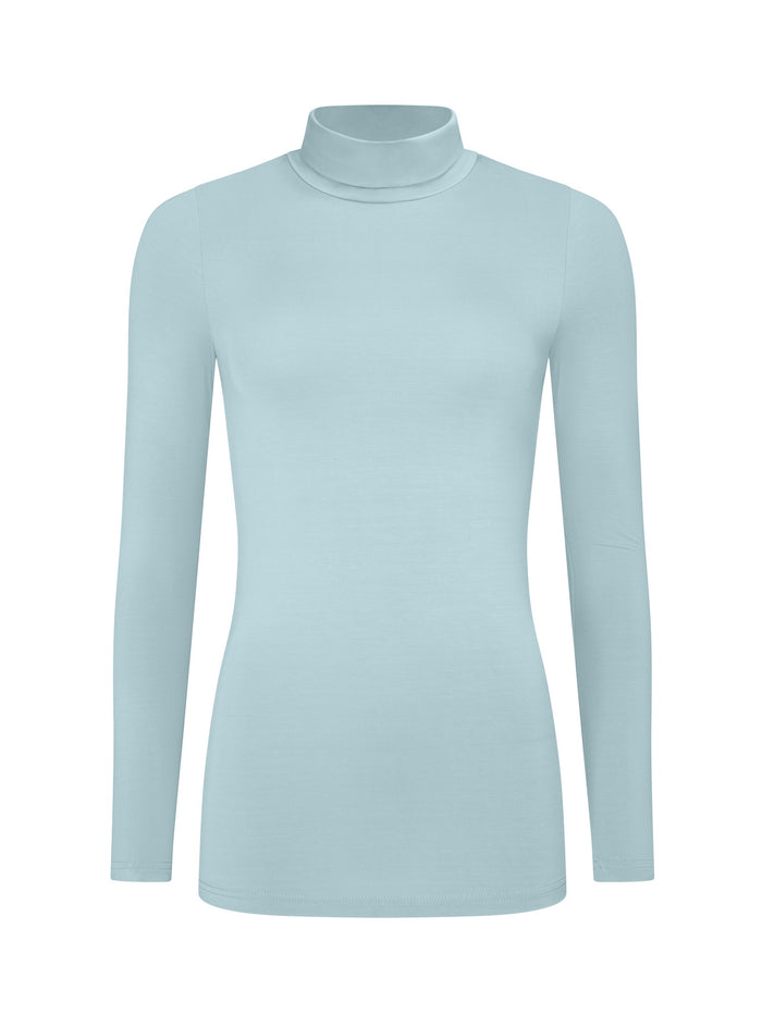 Light blue turtleneck sweater on a white background