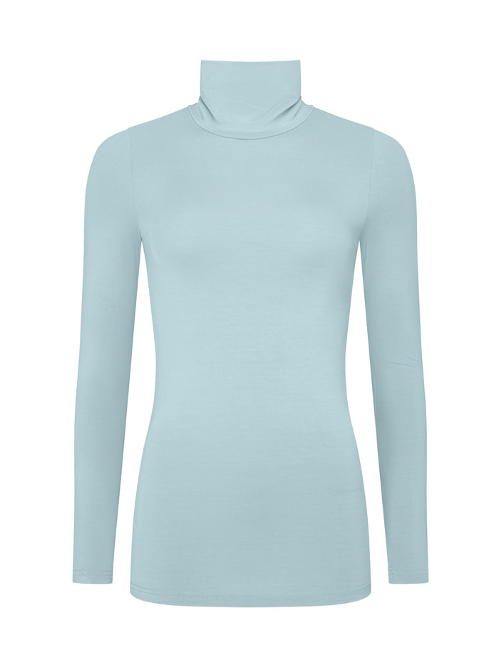 Pale blue turtleneck skivvy on white background
