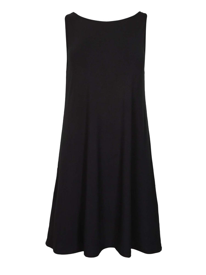black reversible sleeveless tunic with scoop and boat necklines, a-line singlet shape, mini length, women's bamboo clothing