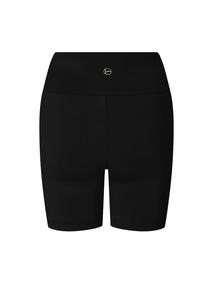 black mid thigh length sporty shorts with adjustable high waistband, women's bamboo clothing
