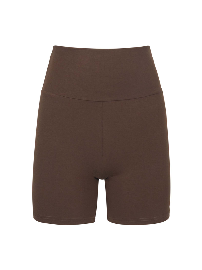 cocoa brown mid thigh length sporty shorts with adjustable high waistband, women's bamboo clothing