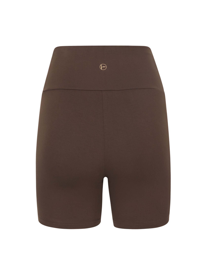cocoa brown mid thigh length sporty shorts with adjustable high waistband, women's bamboo clothing