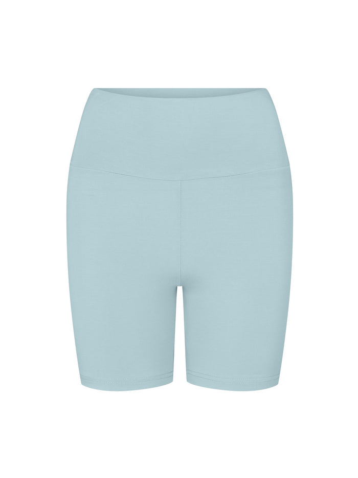 topaz blue mid thigh length sporty shorts with adjustable high waistband, women's bamboo clothing