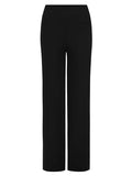 Black full length straight leg pants, double layered adjustable/high waistband, classic cut, women's bamboo clothing