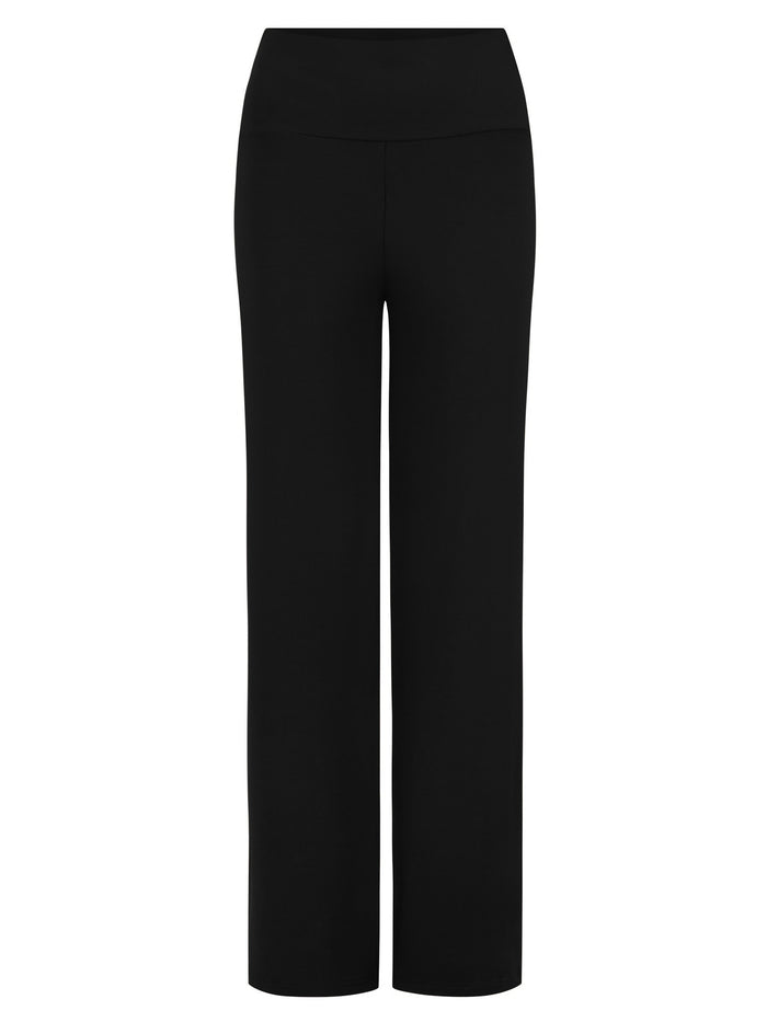 Black full length straight leg pants, double layered adjustable/high waistband, classic cut, women's bamboo clothing