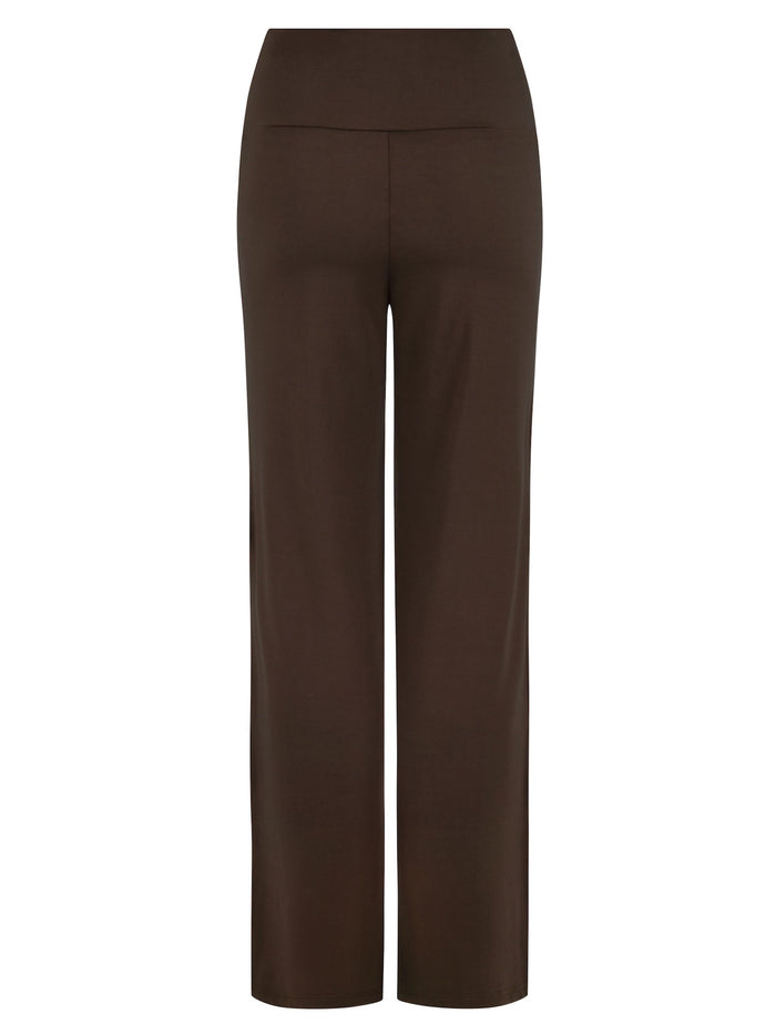 cocoa brown full length straight leg pants, double layered adjustable/high waistband, classic cut, women's bamboo clothing