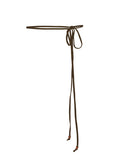 Model wearing cocoa brown long thin string belt with brown wooden bead tied at both ends, women's bamboo clothing accessories