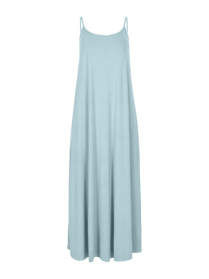 Light blue maxi slip dress on a white background