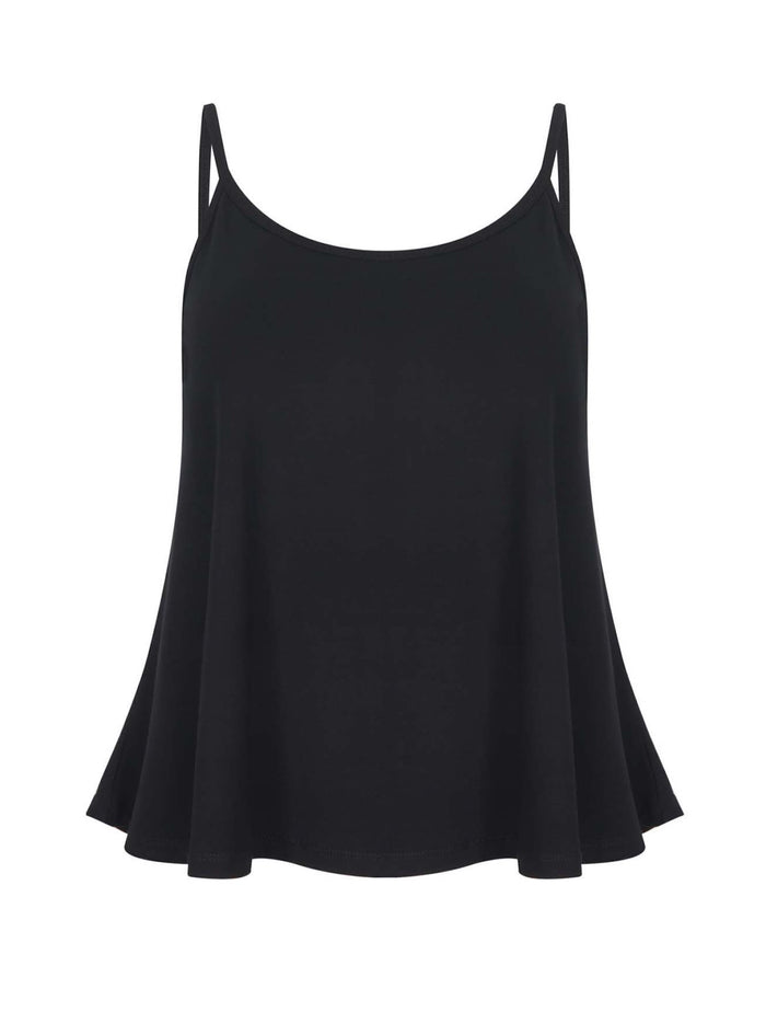 black swing style singlet with a scoop neck and elasticated camisole straps, women's bamboo clothing