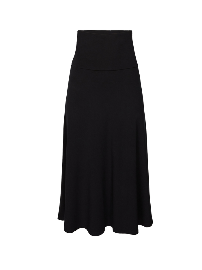 Black swing style long swishy skirt, converts to dress, mid - low calf length, double layered deep waistband, women's bamboo clothing