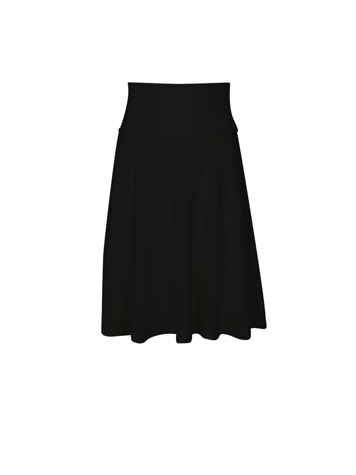 Black swing style swishy mini skirt with adjustable high waistband, women's bamboo clothing