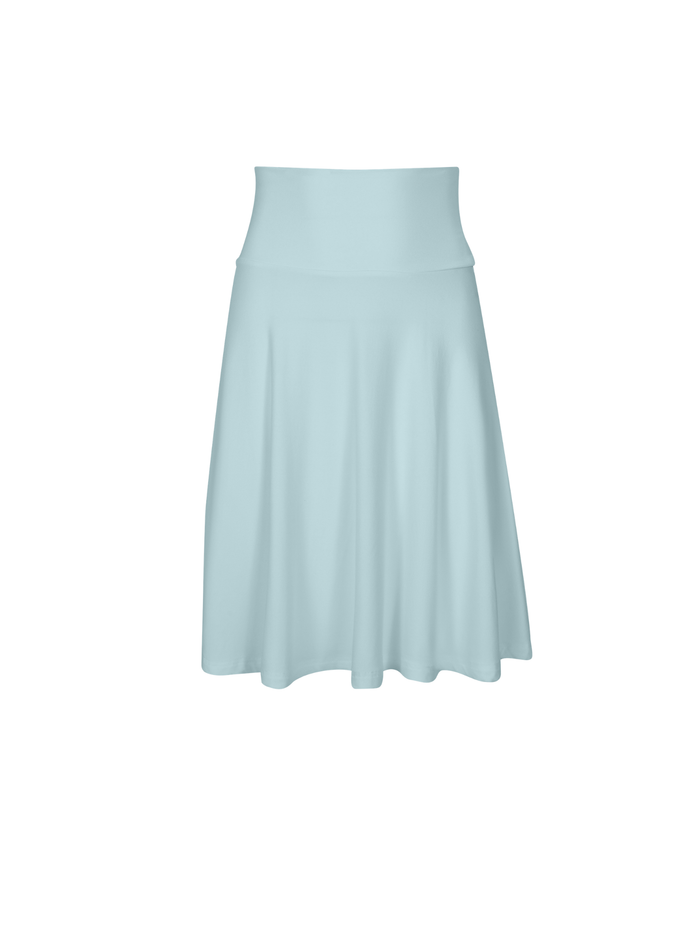 Light Topaz blue length swing style swishy mini skirt with adjustable high waistband, women's bamboo clothing