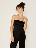 Model wearing black strapless boob tube top with supportive double layer fabric, women's bamboo clothing